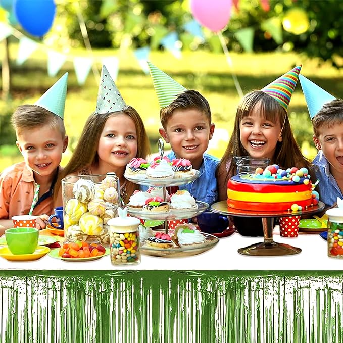 4 Pack 29x108 Inch Metallic Foil Fringe Tinsel Table Skirts for Rectangle Tables Streamer Backdrop for Wedding, Birthday, Parade Floats, Christmas, Halloween Party Decoration(Light Green)