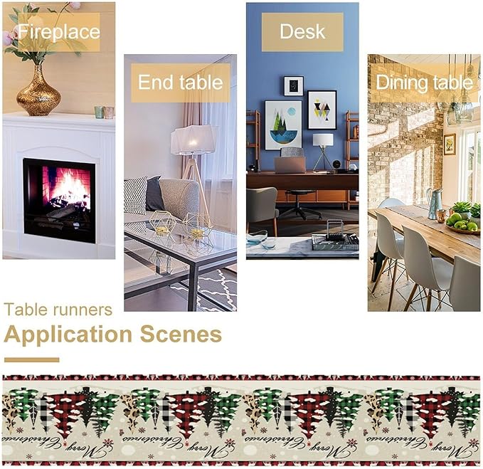 Christmas Tree Table Runner,Farmhouse Xmas Trees Buffalo Plaid Winter Snowflake Tablecloth Burlap for Hotel Indoors Outdoor Dining Room Kitchen Home Decor,W13X L70 in