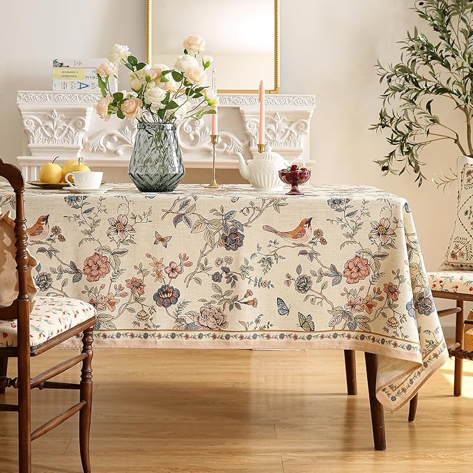 Tablecloth, Square Floral Linen-Polyester Blend, 67 x 67 Inch