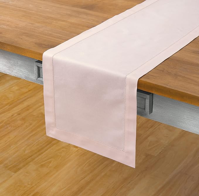 Solino Home Pink Table Runner 90 Inches Long - Cotton Linen Hemstitch 14 x 90 Inch Table Runner for Dining, Fall, Autumn, Thanksgiving, Christmas