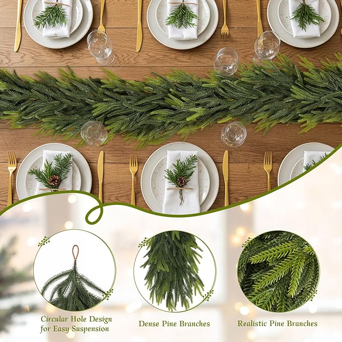 Norfolk Pine Garland, 9 Ft, 4 Pack, Green PE, Indoor and Outdoor