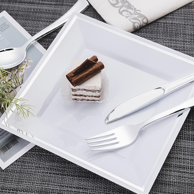 Disposable Silver Spoons, Forks & Knives Set, 200 Pieces, Glossy Plastic