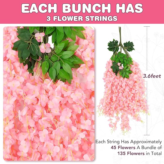 Wisteria Hanging Flowers,Fake Hanging Flowers,Wisteria artificiales Garland for Home Wedding Arch Floral Party Garden Ceremony Outdoor Decor,3.6 feet Long(75,Pink)