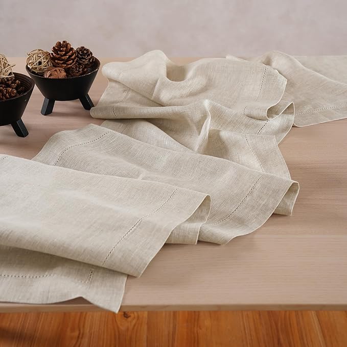 Linen Light Natural Table Runner 48 Inches - 100% Pure Linen Cloth Fabric Hemstitch Table Runner 14 x 48 Inch for Dining, Dresser, Thanksgiving, Fall Christmas - Lino