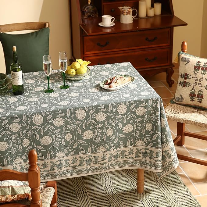 Tablecloth 55 x 71 Inch Rectangular, Grayish Green Linen-Blend Floral