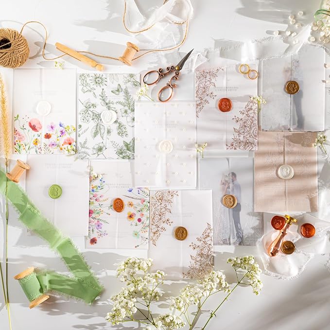 50 Pack Pre-Folded Vellum Jackets for 5x7 Invitations,AZAZA Elegant Translucent Invitation Sleeves,115GSM Vellum Jackets 5x7, Wedding Invitation Accessories, for Weddings Birthdays, Hydrangea Floral