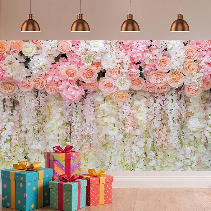 6x4ft Pink Rose Flower Wedding Photography Backdrop Spring Floral Photography Backdrop Valentine's Day Mother's Day Girl Birthday Baby Shower Wedding Bridal Party Banner Photo Booth Props Background