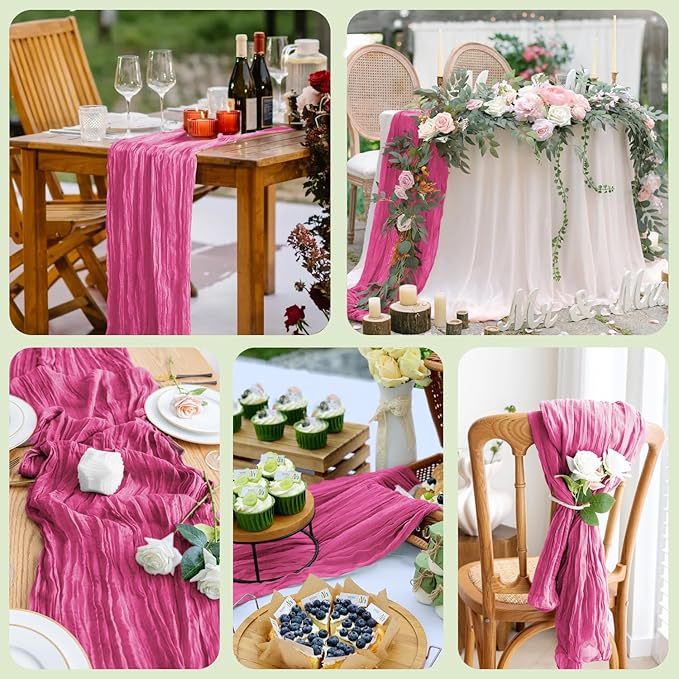 Asee'm 3pcs Cheesecloth Table Runner 120 Inches Long Deep Pink Boho Gauze Cheese Cloth Runner 10FT Rustic Sheer Table Runners for Christmas Wedding Party Baby Shower Spring Easter Decoration
