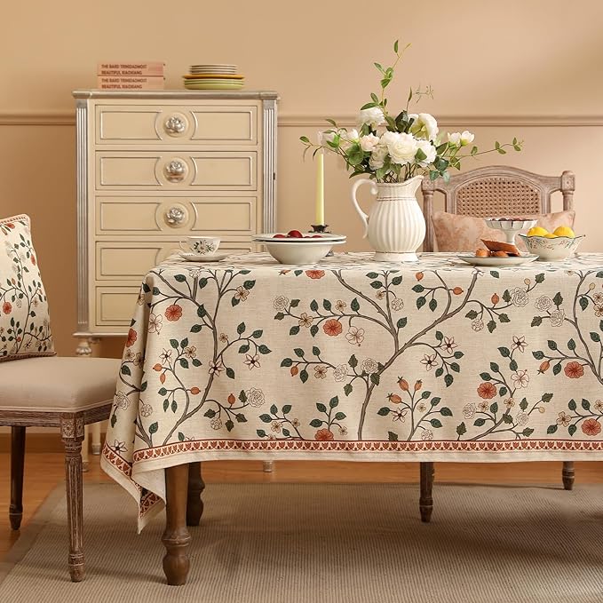 Floral Square Tablecloth 67 x 67 Inch, Linen-Polyester Blend