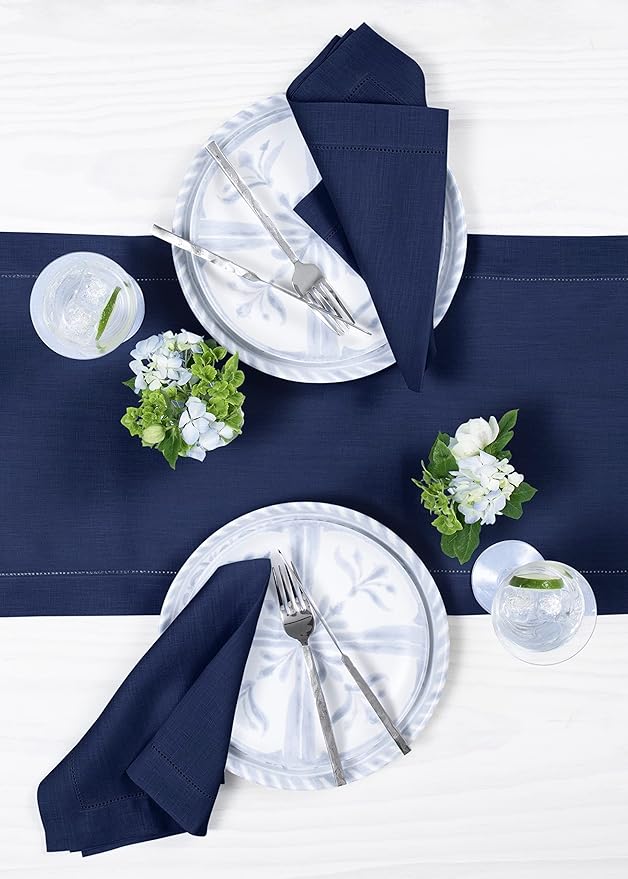 Solino Home Linen Navy Blue Table Runner 48 Inches - Classic Hemstitch, 100% Pure Linen Coffee Table Runner 14 x 48 Inch Ideal for Dresser Tables - Fall, Halloween, Thanksgiving, Christmas, Holiday