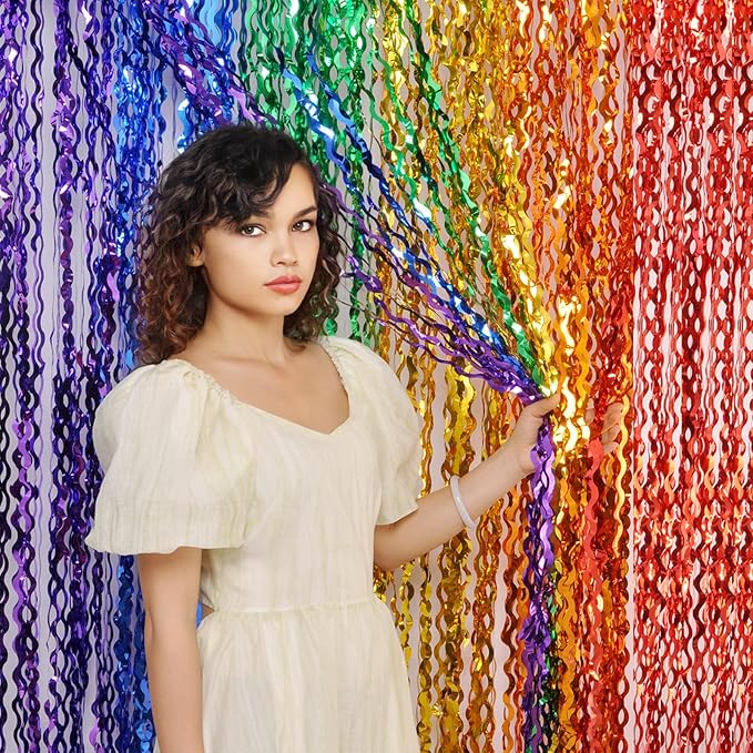 4 Pack Wavy Rainbow Foil Fringe Curtains - Colorful Party Decorations 3.3x6.6ft Tinsel Metallic Streamers Holiday Photo Booth Props Backdrop for Birthday Wedding Engagement