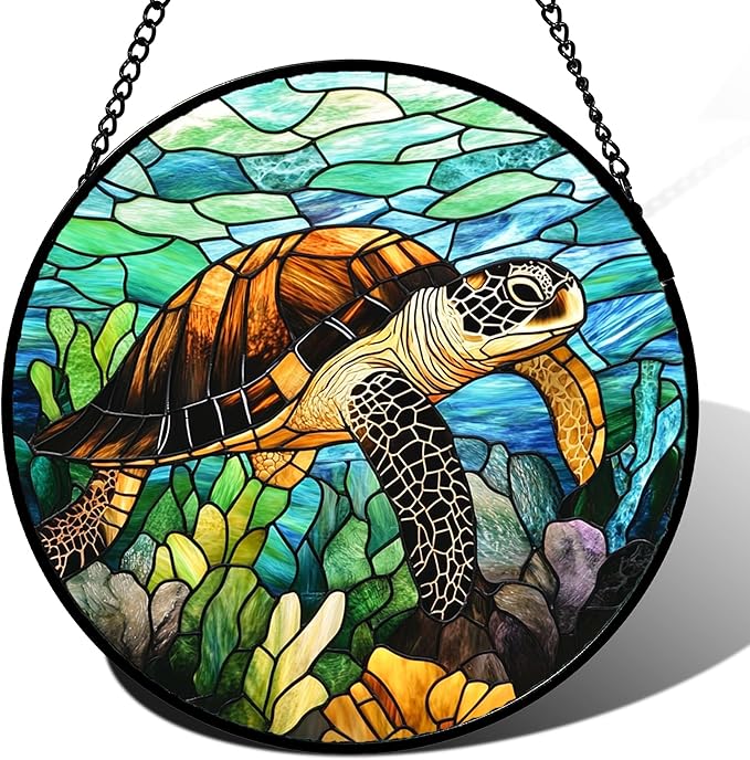 Stained Glass Window Hanging - Cute Sea Turtle Suncatcher for Door Garden Yard Blue Ocean Sun Catchers Decor Christmas Mother's Day Birthday Children's Gifts for Women Mom Nana Friend 6.3 in