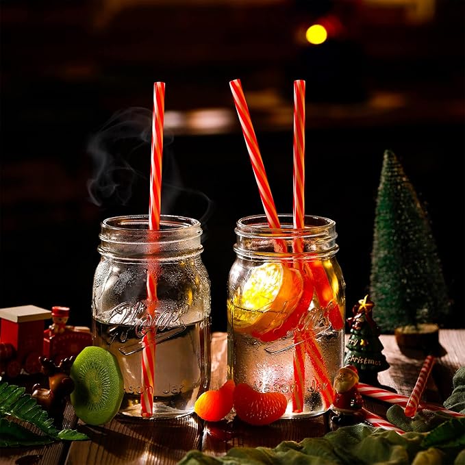 Vesici 9 Inch Plastic Striped Straws Reusable with Cleaning Brush Red Striped Hard Drinking Straws for Christmas Party Decoration Supplies(Red and White,50 Pcs)