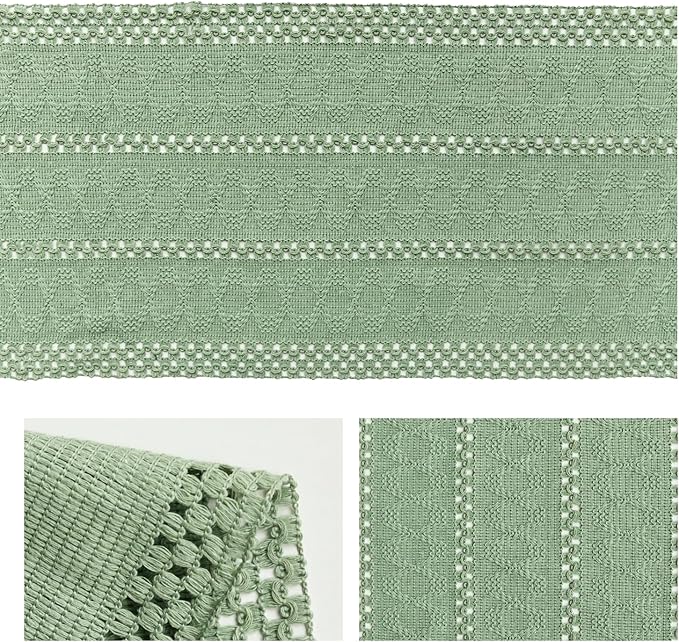 Artoid Mode Light Green Farmhouse Woven Rustic Hollow Table Runner, Seasonal Holiday Hollow Kitchen Dining Table Decoration for Home Party Decor 12x120 Inch