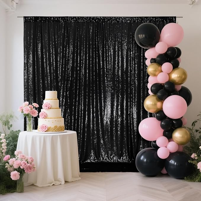 Sequin Backdrop Curtain, Black, 10 x 10 FT Mesh with 3MM Sequins and Rod Pocket