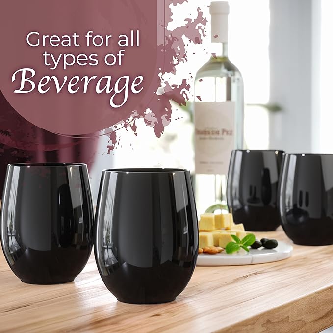 Stemware: Unbreakable Stemless Plastic Wine Glasses, 48 Count, 12 oz