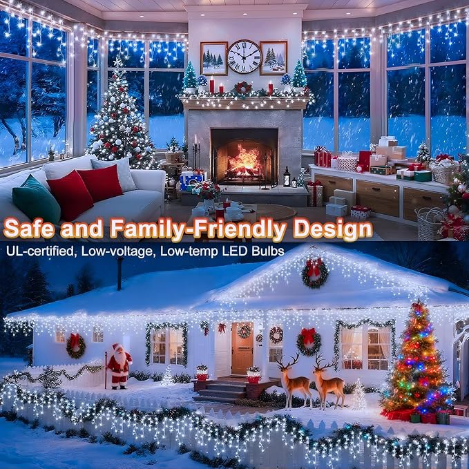 KNONEW 99FT 1216 LED Christmas Lights Outdoor Decorations 8 Modes White Curtain String Light with 228 Drops, Clear Wire LED String Light Indoor Decor for Wedding Party Holiday Christmas