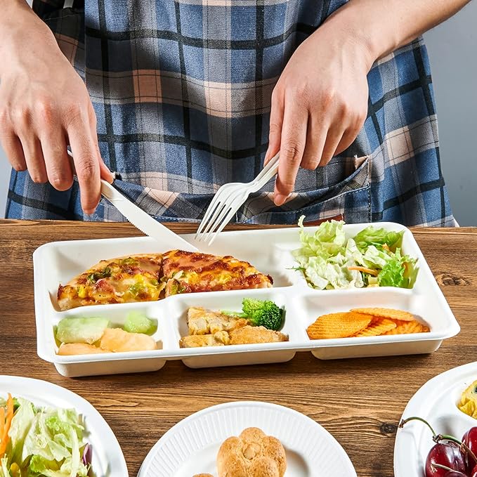 ECOLipak 100% Compostable 5 Compartment Plates, 100 Pack Disposable Compartment Paper Plates, 12.5 * 8.6 inch Biodegradable Sugarcane Plates, Eco-Friendly School Lunch Trays