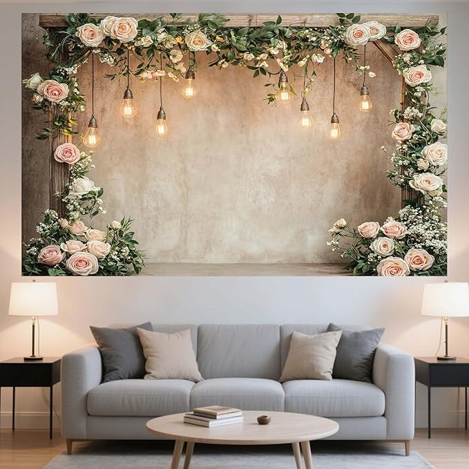 20x10ft Country Wedding Photography Backdrop Floral Rustic Roses Farmhouse Wooden Door Backdrop Pink Flower Birthday Baby Shower Wedding Bridal Party Banner Photo Booth Props Anniversary Background