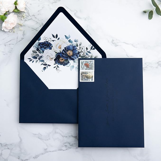 PONATIA 50PCS A7 Euro Flap Envelopes, 5.25 x 7.25'' Liner Envelope For 5x7'' Weddings Invitation Cards, Christmas Gift Cards, Acrylic Invitations, Photos (Navy Blue)