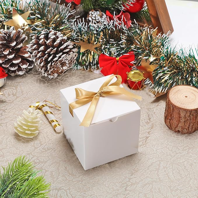 DOYIDE 60 Pcs Small Gift Boxes, 3x3x3 inches Kraft Paper Gift Box with Ribbons, White Candy Boxes for Christmas Wedding Favors Baby Shower Bridal Shower Birthday Party