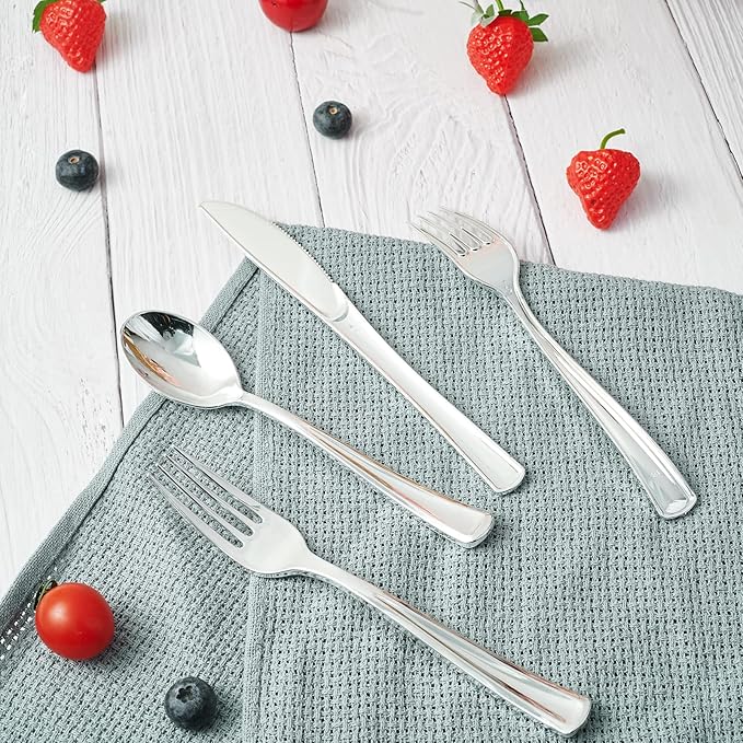 Forks: 300 Count Disposable Silver Plastic, 7.4 Inch Metallic Finish