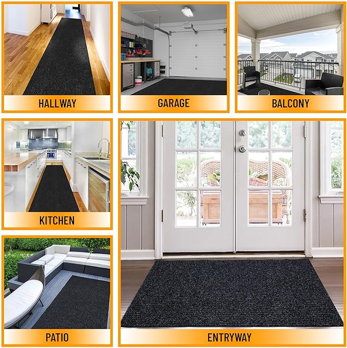 Ottomanson 2' x 25' Hallway Runner with Scraper Pile Extra Durable Non-Slip Rug Mat for Indoor & Outdoor Use - Ideal for Kitchen, Entryway, Patio & Garage - High-Traffic Carpet, Black