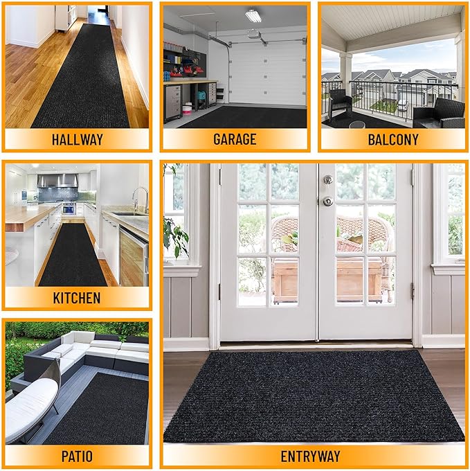 Ottomanson 3'11" x 10' Hallway Runner with Scraper Pile - Extra Durable Non-Slip Rug Mat for Indoor & Outdoor Use - Ideal for Kitchen, Entryway & Garage - High-Traffic Carpet, Black