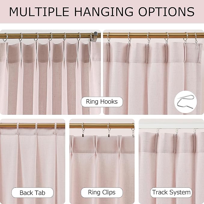 Vision Home Light Pink Pinch Pleated Semi Sheer Curtains Textured Linen Blended Light Filtering Window Curtains 84 inch for Living Room Bedroom Patio Pinch Pleat Drapes with Hooks 1 Panel 60" Wx84 L