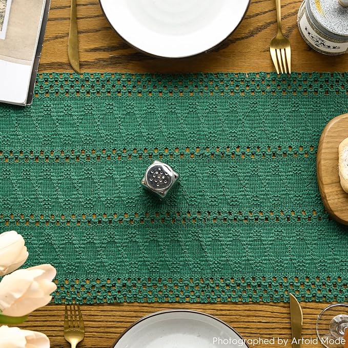 Artoid Mode Dark Green Farmhouse Woven Rustic Hollow Table Runner, Seasonal Holiday Hollow Kitchen Dining Table Decoration for Home Party Decor 12x120 Inch
