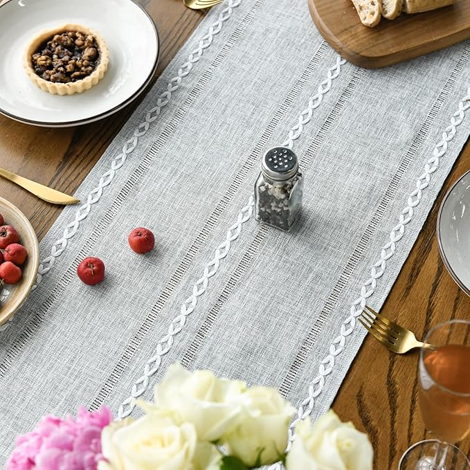 Artoid Mode Grey Rustic Cotton Linen Table Runner, Seasonal Embroidered Hollow Kitchen Dining Table Decoration for Home Party Decor 13x36 Inch