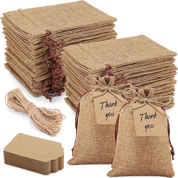 Burlap Gift Bags 100 Count, Dark Brown Drawstring Bags with Kraft Tags