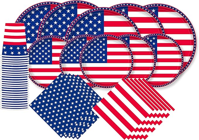 Paper Plates Set, American Flag Patriotic Party Tableware, 125 Pieces