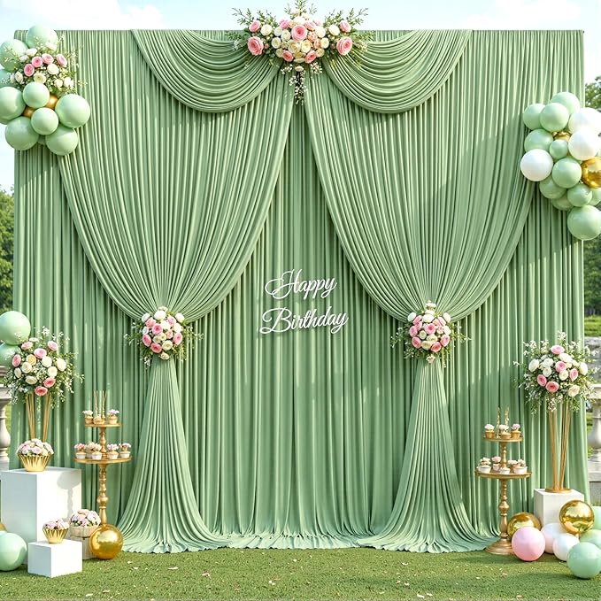Backdrop Curtain Set, Sage Green, 10 Panels, Wrinkle-Free Fabric