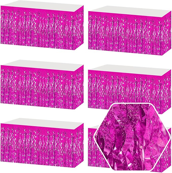6Pack 29 x108 Inch Rose Red Wave Foil Fringe Table Skirts Metallic Banner for Tinsel Streamer Garland Backdrop for Parade Floats, Mother's Day, Easter, Graduate, Birthday, Wedding Party Decoration