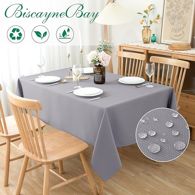 Biscaynebay Textured Fabric Tablecloths 60x108 Inches Rectangular, Silver Grey Water Resistant Spill Proof Tablecloths for Dining, Kitchen, Wedding and Parties, Machine Washable