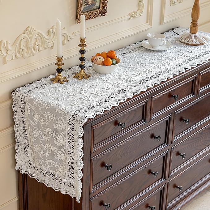 White Elegant Vintage Lace Table Runner,Wedding Lace Decor with Floral Embroidery,Tea Party Decor (White, 13.8X79 Inches)