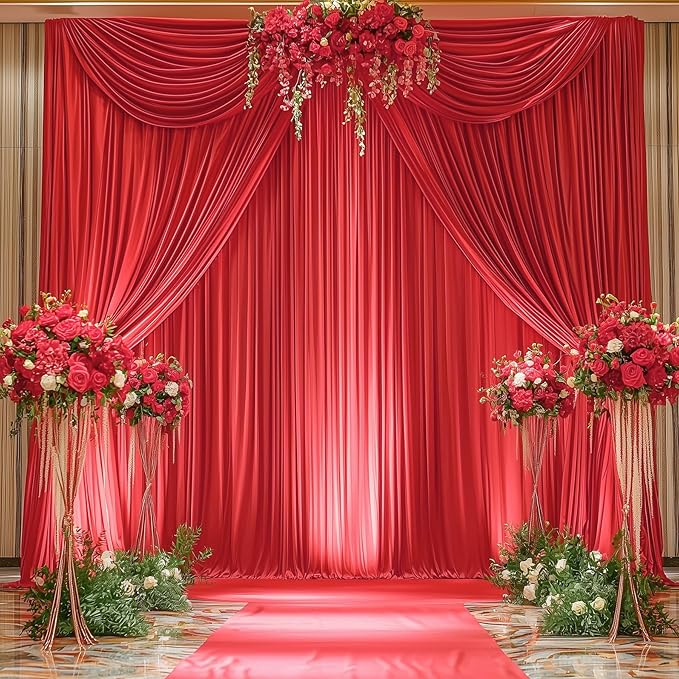 10ftx12ft Wrinkle Free Red Backdrop Curtain, 2 Panels 12FT Height Red Wedding Backdrop Drapes, Silky Polyester Back Drop Cloth for Birthday Photography Background Party Backdrop Draping