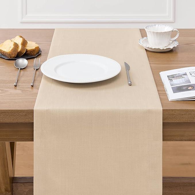 ZeeMart Linen Textured Border Table Runner, 14 x 36 Inch Oatmeal, Farmhouse Style Beige Table Runners 36 Inches Long, Easy Care Everyday Polyester Table Runner