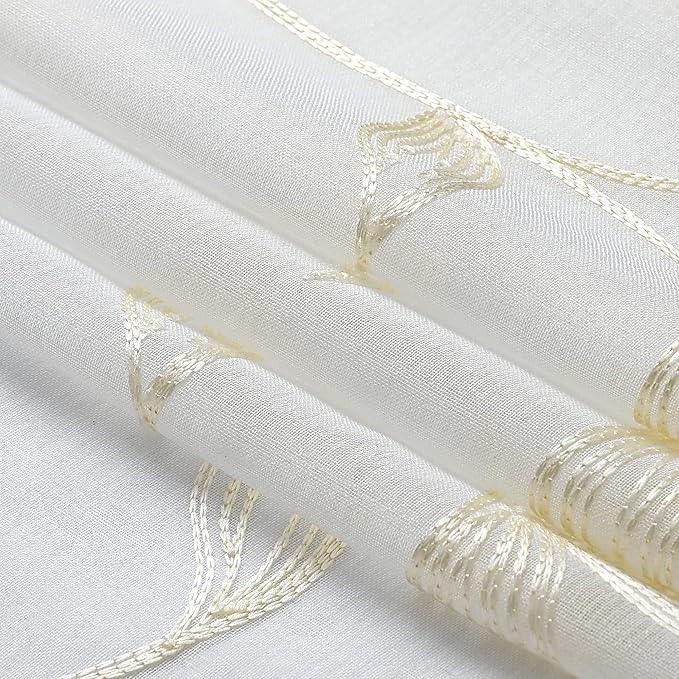 VISIONTEX Sheer Voile Curtain Valances, Decorative Leaves Embroidered, Rod Pocket Window Treatment for Kitchen/Rustic Bedroom/Living Room (54 x 16 Inch,1 Panel)