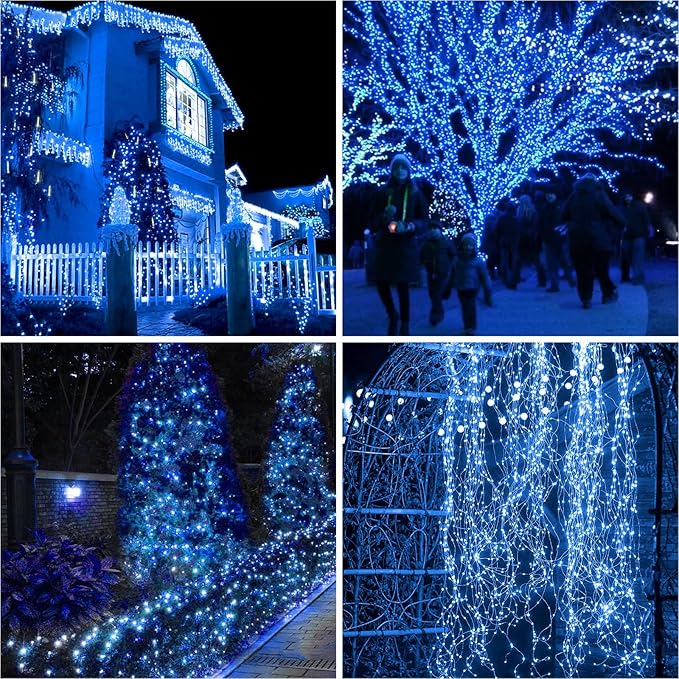 Blue Solar String Lights, 4 Pack 320 LED Outdoor Fairy Lights
