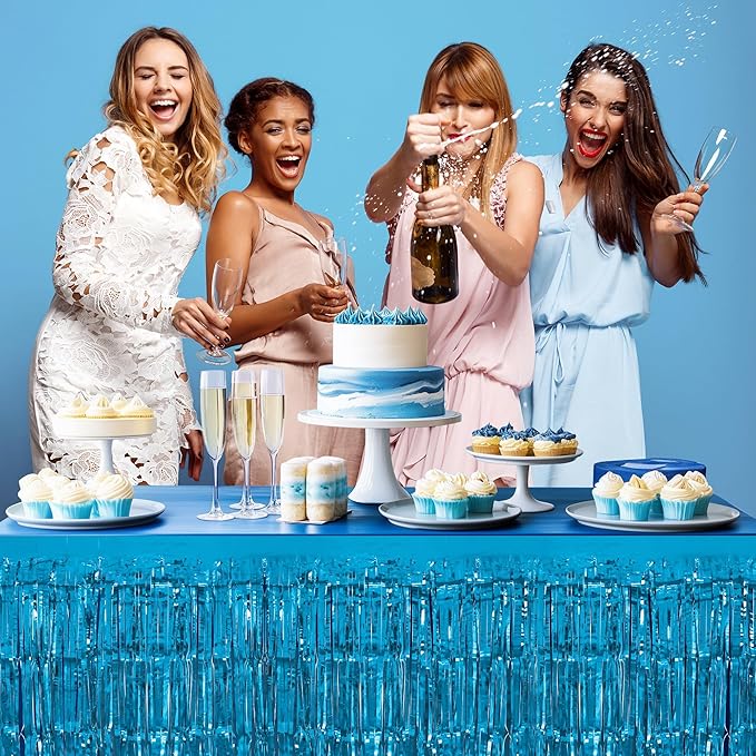 2 Pack Lake Blue Table Skirts, 29x108" Metallic Foil Tinsel Fringe Table Skirts for Rectangle Tables Streamer Curtains Backdrop, Party Decorations for Birthdays Weddings Holidays