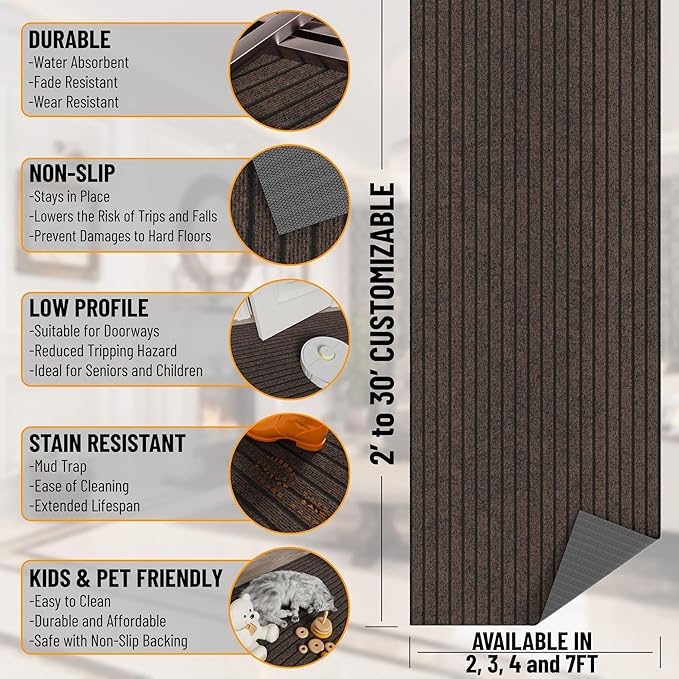 Ottomanson 2'7" x 41' Hallway Runner with Scraper Pile - Extra Durable Non-Slip Rug Mat for Indoor & Outdoor Use - Ideal for Kitchen, Entryway & Garage - High-Traffic Carpet, Brown