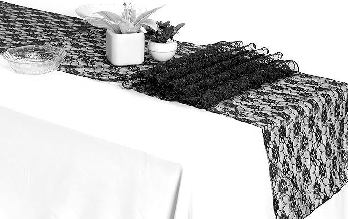 MDS Pack of 25 Wedding 12 x 108 inches Lace Table Runner for Wedding, Decorations for Birthday Parties, Banquets, Graduations, Engagements, and Runners fit Rectangle, Round Table- Black
