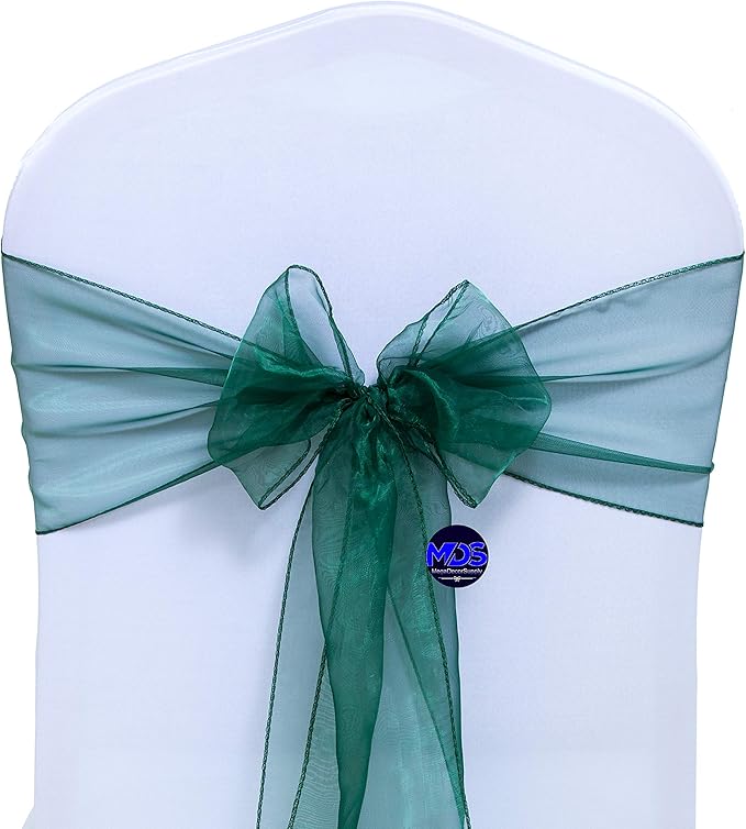 MDS Pack of 25 PCS Organza Chair Sashes Wider Dining Chair Bows Ribbon Tie Back for Wedding Party Birthday Bridal Shower Reception Event Banquet Home Chair Cover Decoration - Hunter Green