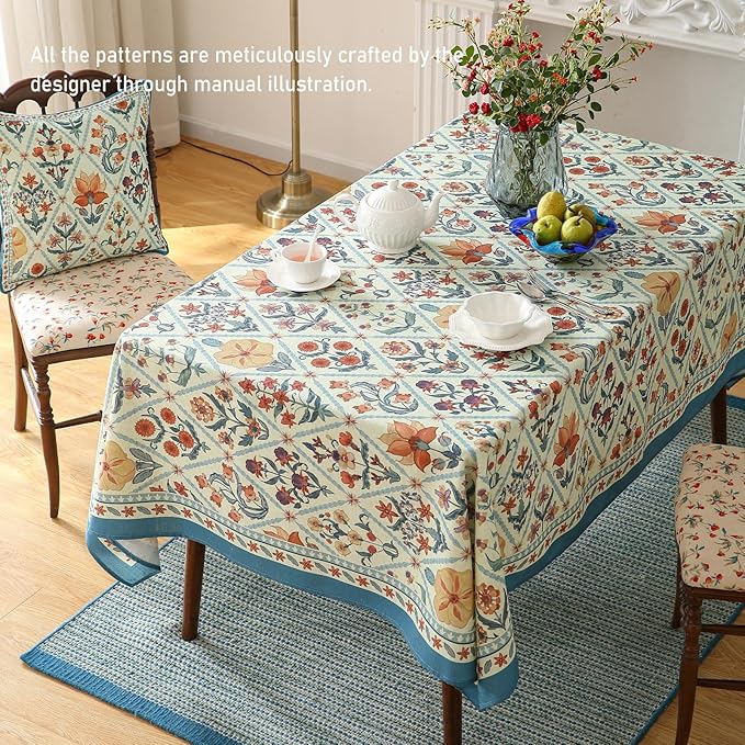 Tablecloth, 55 x 79 Inch Rectangular Floral Linen-Polyester Blend