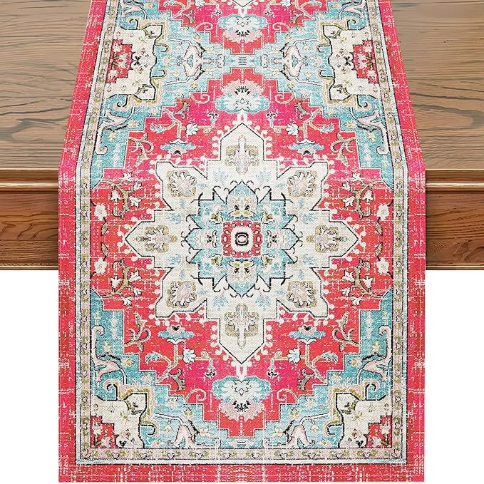 Snycler Table Runner Boho Table Runners Vintage Elegant Farmhouse Table Center Linen Decor for Home Dining Party Entrance (13x48 Inch) Boho-Pink
