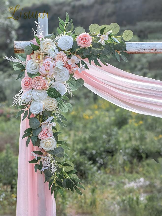 Artificial Flowers Wedding Arch Swag, 40 Inch Pink Silk Peony and Rose Set