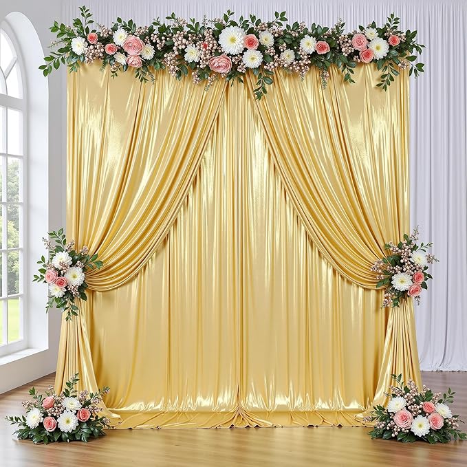 gogoparti 10x14FT Gold Sequin Backdrop Curtain - 2 Panels of 5x14FT Wrinkle-Free Reusable Glitter Drapes for Photography, Weddings, Birthdays & Parties