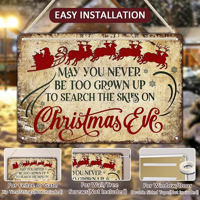 Christmas Signs Vintage Metal Tin, May You Never to Too Grown Up to Search The Skies Christmas Eve 8x12 Inch Rustic Wall Art for Festive Home Decor and Holiday Gifts